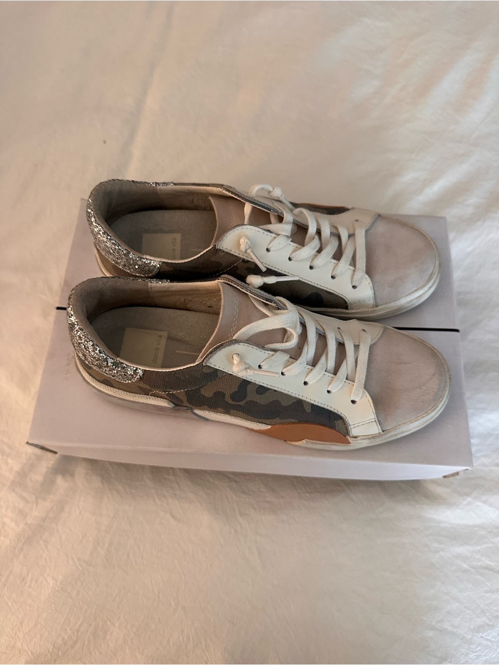Vince Camuto Camouflage & White Low-Top Sneakers with Glitter Heel